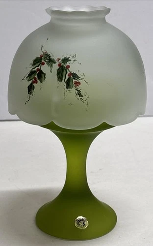 Vintage Westmoreland Mini Candle Lite #1972 Green Fairy Lamp Frosted Holly Leaf
