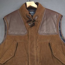Vintage Polo Ralph Lauren Suede Leather Down Hunting Vest Men's XXL Brown Tartan
