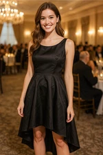 Alfred Sung Women's Size 14 Black Bateau Neck Satin High Low Cocktail Dress