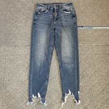 American Eagle Distressed Mom Jeans Womens Size 4 Blue Frayed Hems Denim