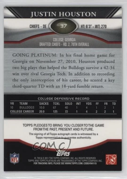 2011 Topps Platinum Blue Refractor Rookie Auto /99 Justin Houston #37 Auto RC - Image 2 of 2
