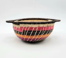 Hand Woven Colorful Round Decor Basket Double Handle 6" Diameter 