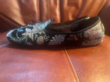 Vntg Daniel Green Floral Brocade Slippers Womens 7.5M Black Jacquard House Shoes