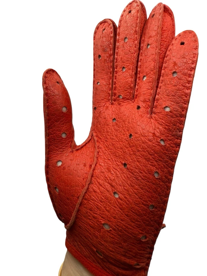 Antique Glove Box Accordion Case Perforated Red Leather Driving Gloves - Image 4 of 4