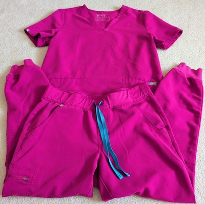 FIGS Casma Scrub Top Zamora 2.0 Jogger Pants Set Womens Medium Dark Pink Medical