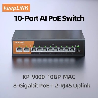 KeepLiNK 10-Port Gigabit PoE Switch, 8-PoE+2 RJ45 Uplink, Unmanaged Plug & Play