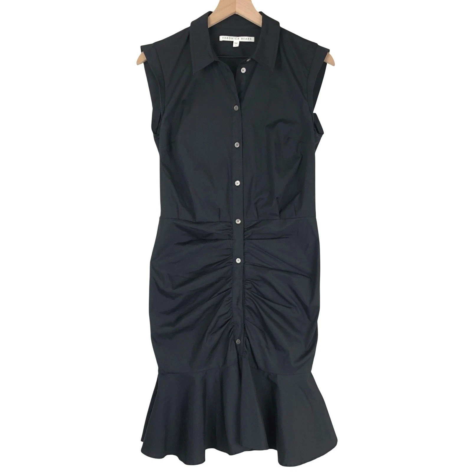 VERONICA BEARD Ruched Ruffle Hem Sleeveless Shirt Dress Sz 4 Black Poplin EUC
Opens in a new window