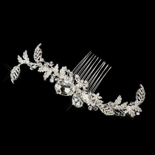 Silver Clear Rhinestone & Crystal Leaf Bridal Hair Comb Wedding Accessory - 第 3/4 張圖片