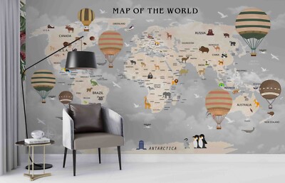 3D Gray World Map Animal Kids Wall Murals Wallpaper Murals Wall Sticker
