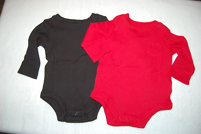 Baby Boys 2 LOT L/S SHIRT Solid Color BLACK & RED Chest Pocket 12 MO