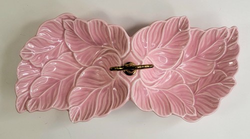 USA Pottery Pink Leaf Ceramic Candy Trinket Dish Vtg MCM Handle No 72 - Picture 4 of 8