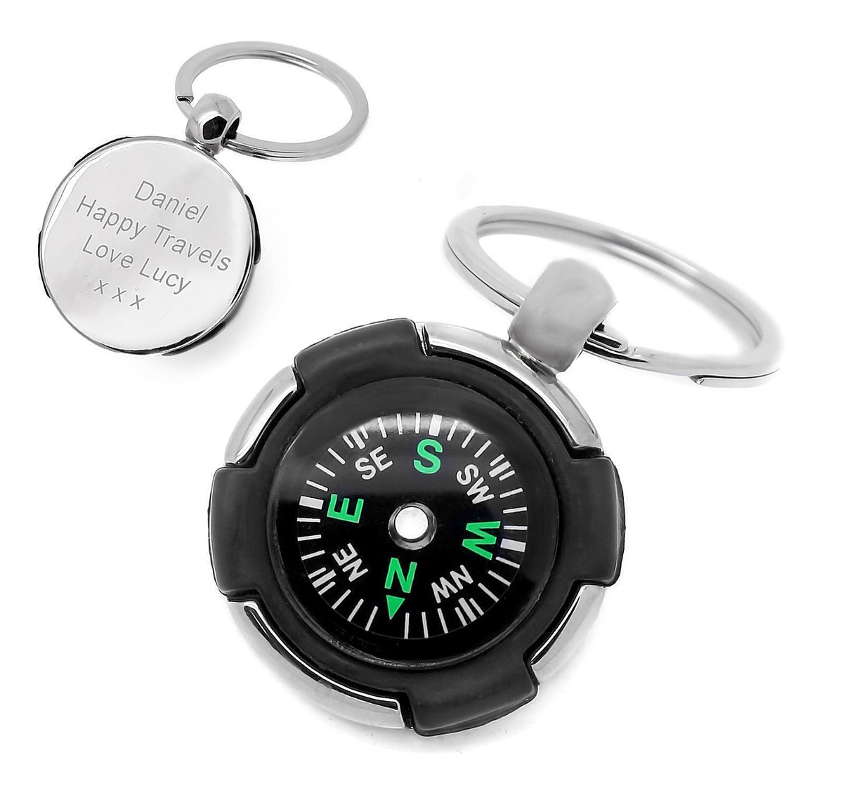 Personalised Chrome Compass Keyring Key Chain Any Message Engraved