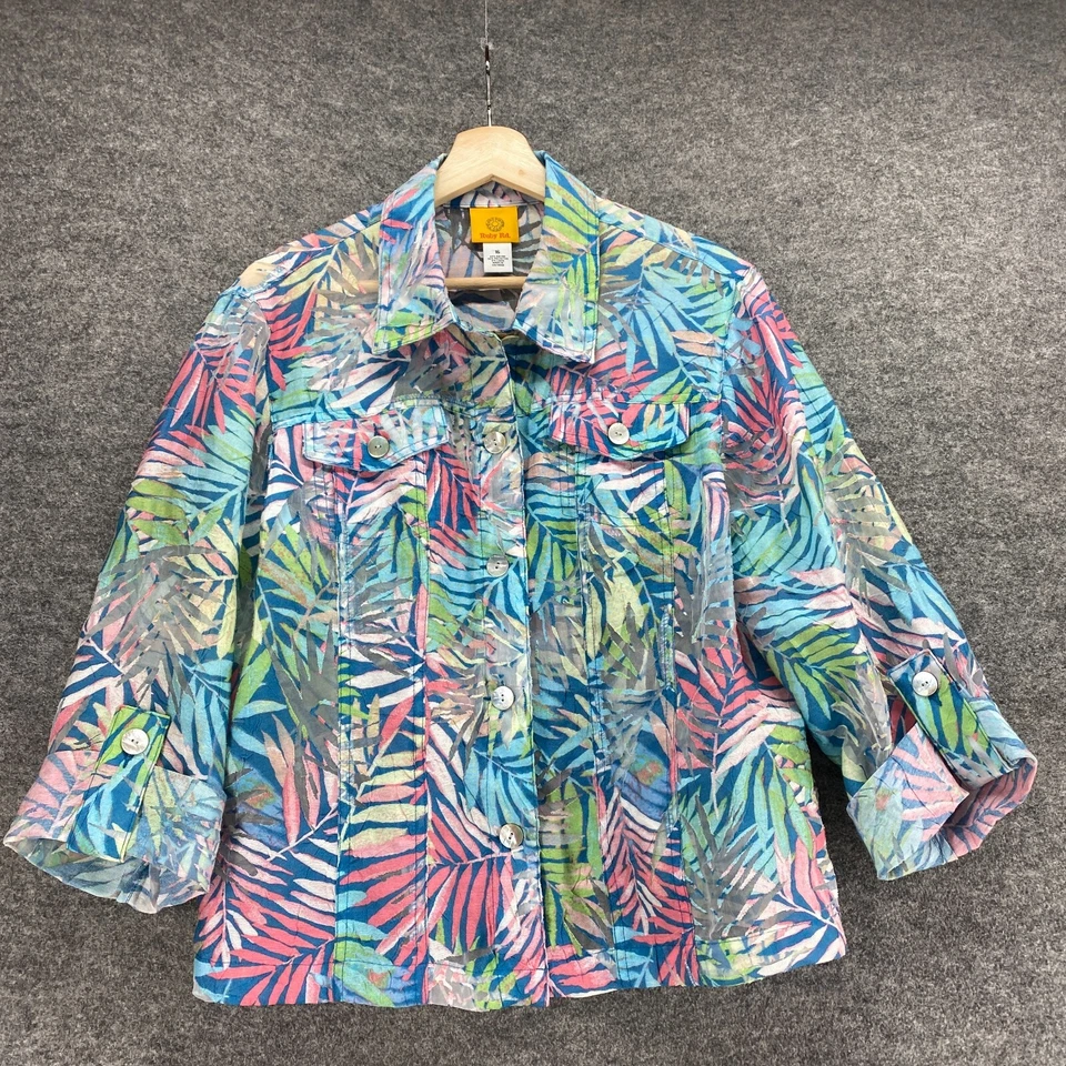 Ruby Rd. Jacket Women 16 Blue Floral Button Up Linen Collared Long Sleeve Casual - Image 3 of 4