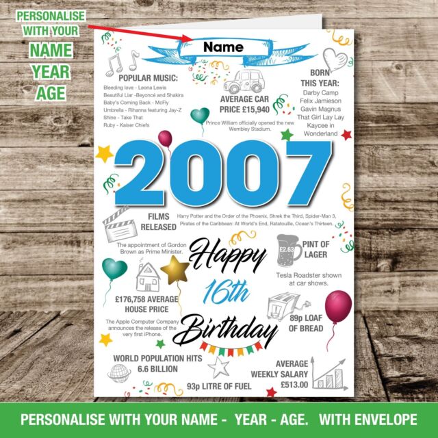 2007 16th Happy Birthday Personalised Son Daughter uk Facts Greeting Card 146