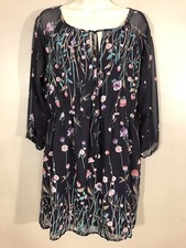 Forever 21 Mini Dress Womens Large Navy Sheer Floral Print Fit Flare