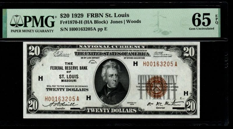 1929 $20 FRBN ST LOUIS Fr#1870-H PMG 65 Gem Uncirculated EPQ H00163205A - Image 4 of 4