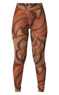 Pretty Little Thing Green Swirl Print Mesh Leggings UK