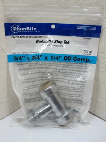 Jones Stephens C77445LF 3/4" x 3/4" x 1/4" Compression PlumBite Push on Stop Tee - Picture 1 of 4