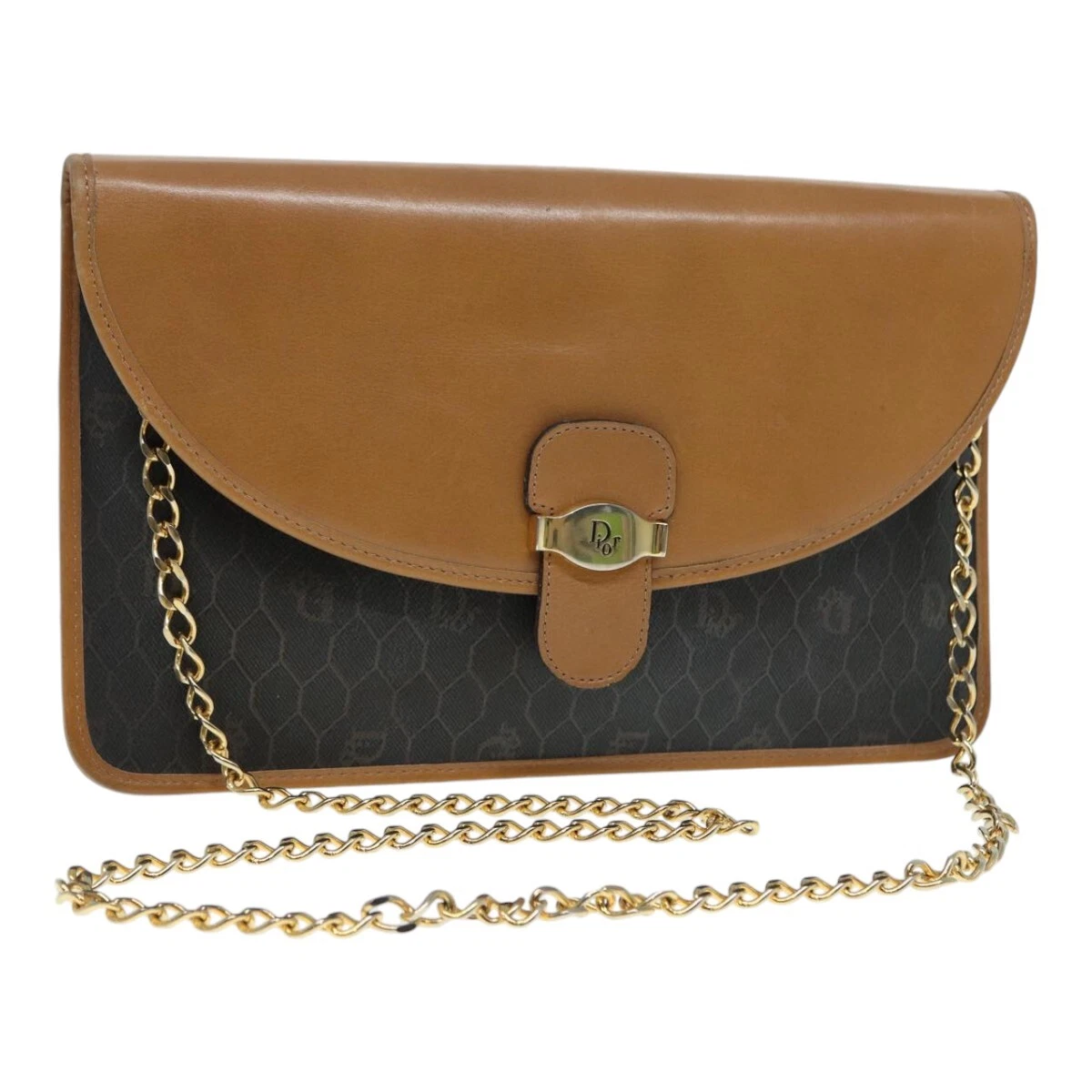 Christian Dior sac bandoulière chaîne PVC cuir noir marron or authentique ep5515