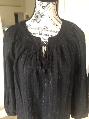 Old Navy Swiss Dot Black Silver Metallic Tie-Neck blouse women s size M NWT