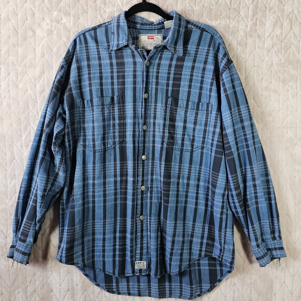 VTG Levis Plaid Denim Button Up Shirt Mens L Grunge Y2K 90s Shacket Classic