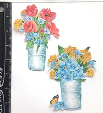 Lot of 2 Pink Blue Yellow Flowers Vase Butterfly SINGLE LAYER Embellishments 274