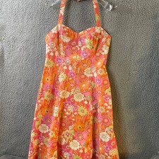 Sigrid Olsen Dress Womens Sundress 12 Orange Pink Floral Fit Flare Halter Resort