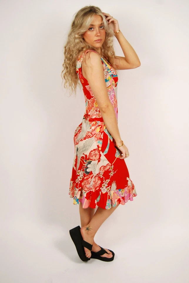 Vestido sin mangas Y2K Slinky (8) rojo medio floral vintage cóctel noche elegante sesgo Foto 2 de 4