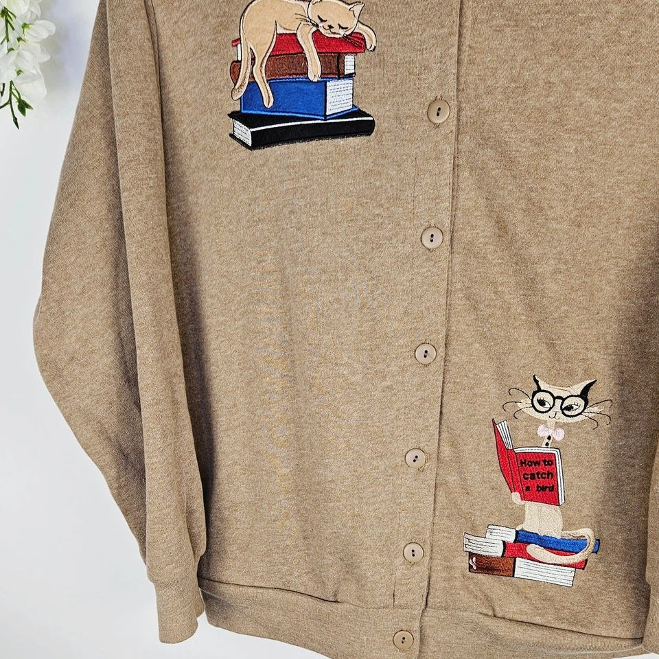 Cárdigan suéter vintage Bon Worth libro de gatos bordado grande abuela bibliotecaria  Foto 4 de 4