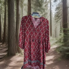 Red Boho/Peasant Dress LG Paisley Cottagecore Mini Tassel Long Sleeve Forever 21