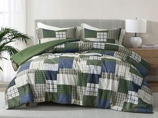 Cedar 3-Piece Printed Patchwork Comforter Set Full Green Blue Plaid Patchwork