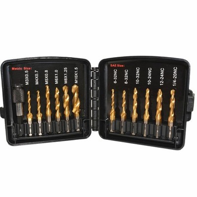 Drill Tap Set with Quick-Change Adapter of 13Pcs, 6 SAE Sizes: 6-32NC to 1/4-...