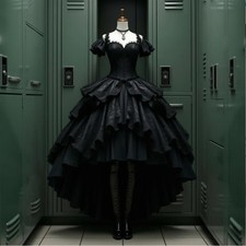 Black Gothic Prom Dresses Short Sleeves Tiered Ruffled High Low Evening Gowns