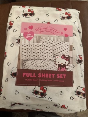 Hello Kitty 100% Cotton 4 Pc Full Sheet Set Sunglasses Hearts New authentic