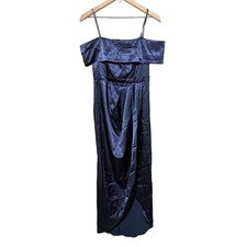 Xscape Womens Satin Off The Shoulder Maxi Dress Size 4 Navy Blue Evening NWT