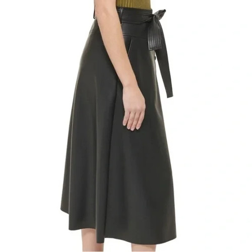 Calvin Klein Black Faux Leather Button Front Belted A-Line Midi Skirt - Picture 4 of 14