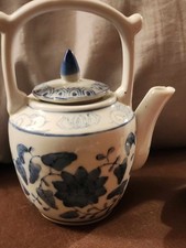 Vintage Blue  White Porcelain Lotus Teapot Overhead Handle DISPLAY ONLY Cracked