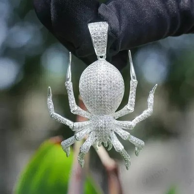 2 Ct Round Cut Real Moissanite Men's Spider Charm Pendant 925 Sterling Silver