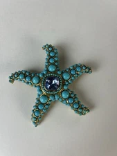 KJL Kenneth Jay Lane Signed Faux Turquoise Blue Cabochon Starfish Brooch Pin