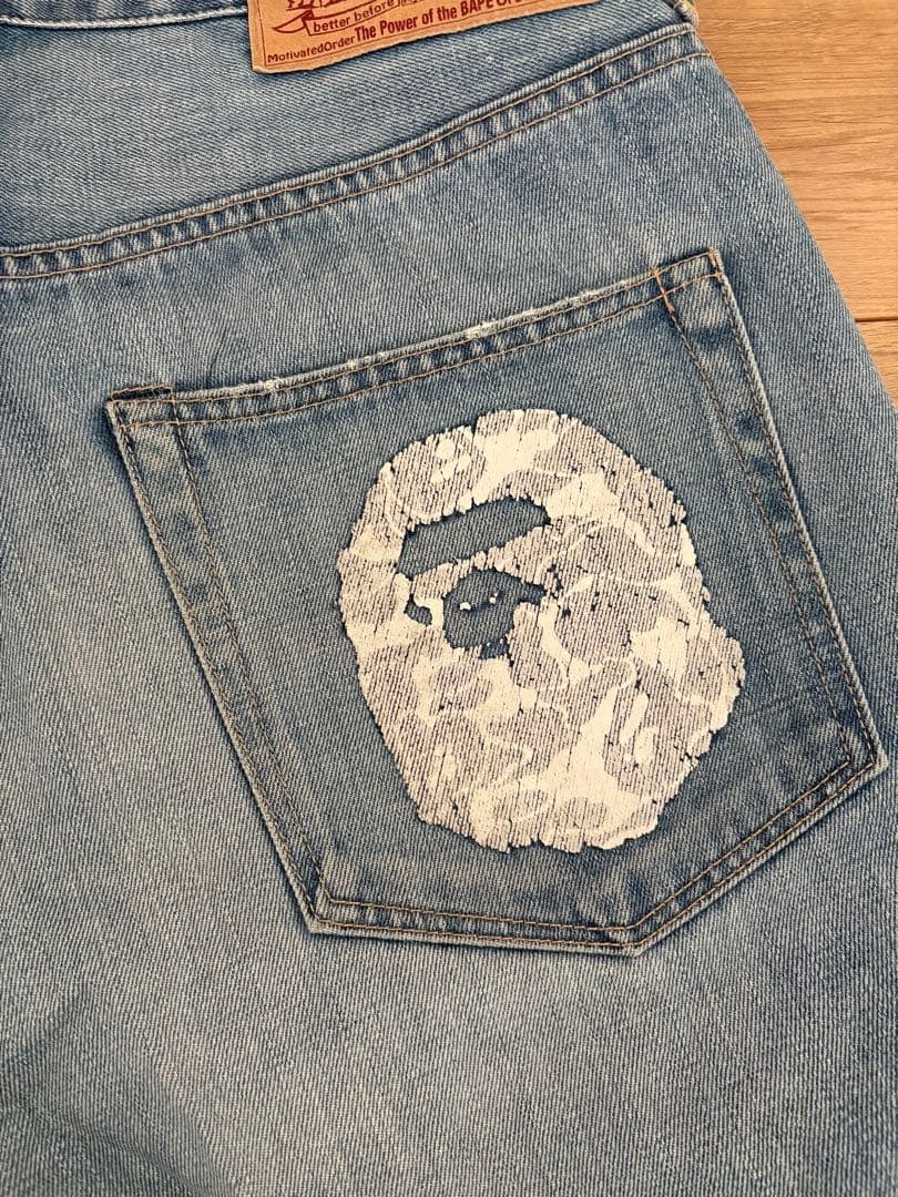 A BATHING APE Denim Pants Jeans Straight Blue Ape Print Size L Waist 86cm thumbnail 4