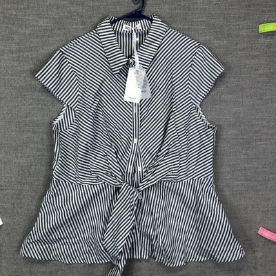 Grace Karin Blouse Womens 2XL Black White Stripe Tie Front Peplum Tunic Top