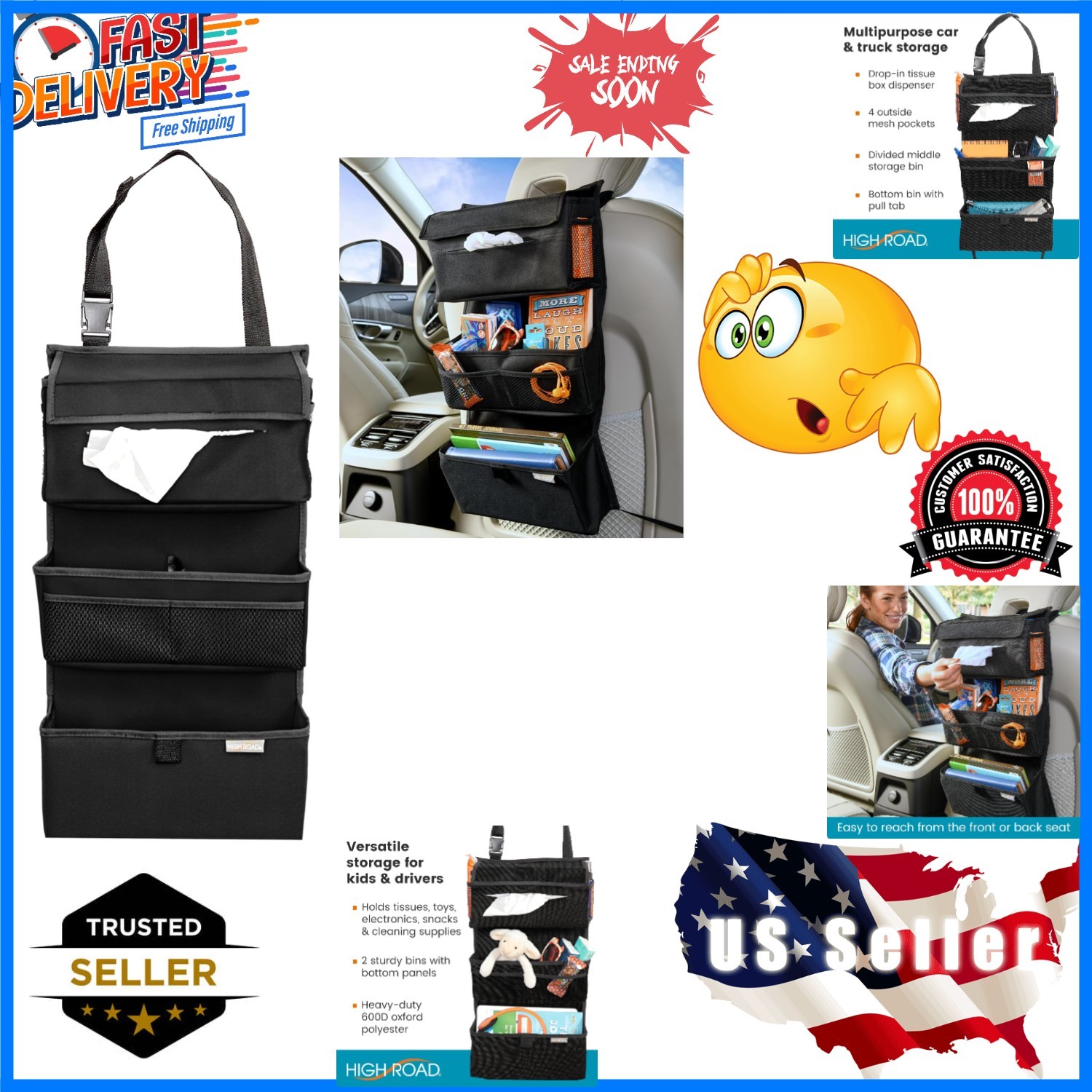 Storage Organizer with Car Tissue Box Holder and Multipurpose Pockets - Back ...-image