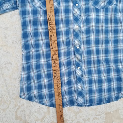 Wrangler Rancher Western Shirt Men’s L Blue Plaid Pearl Snap 3-Snap Cuffs - Picture 8 of 9