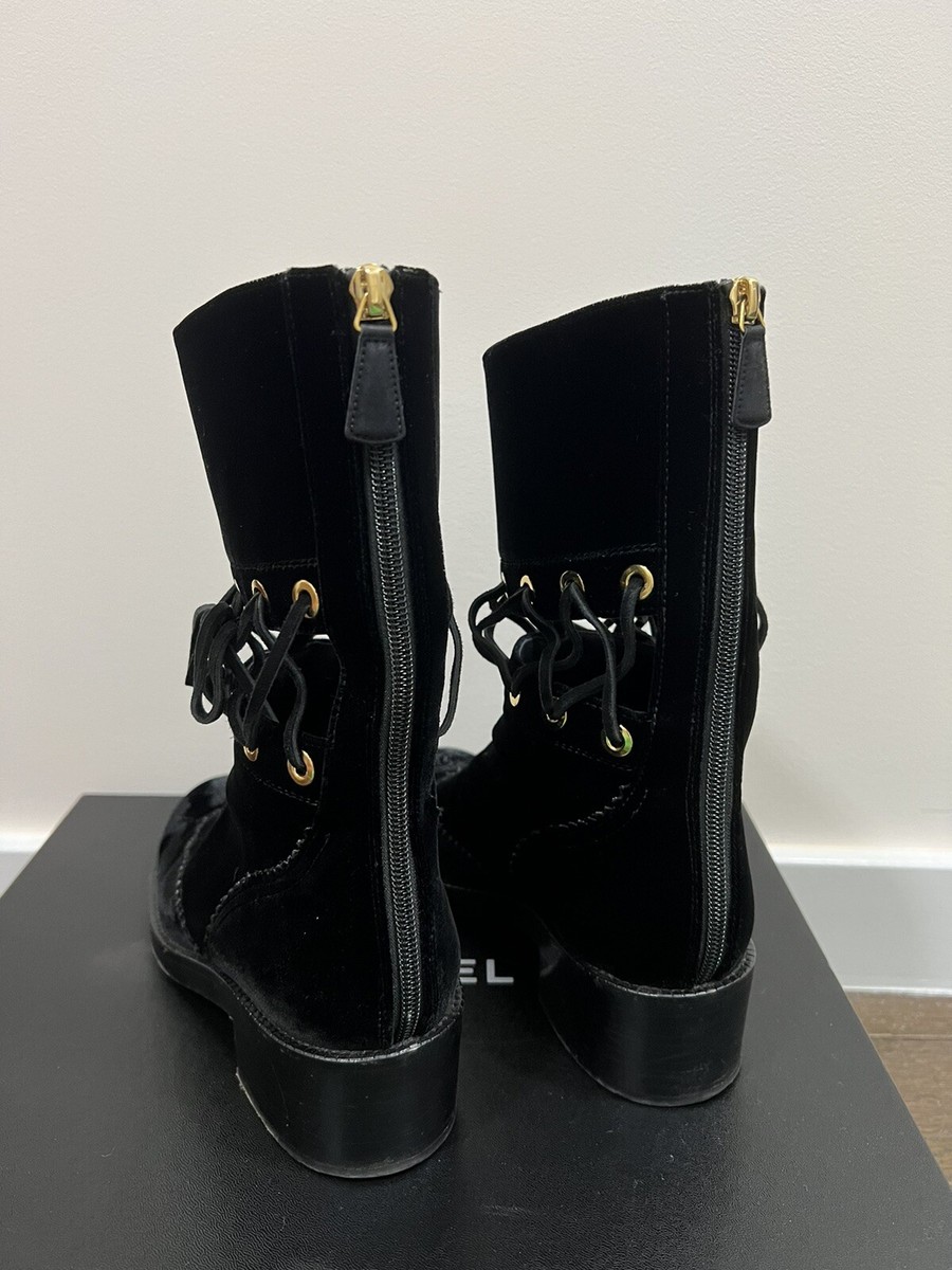 AUTH CHANEL RUNWAY VELVET ANKLE BOOTS BLACK 37 In BOX. SEEN AUTH CHANEL RUNWAY VELVET ANKLE BOOTS BLACK 37 In BOX. SEEN
