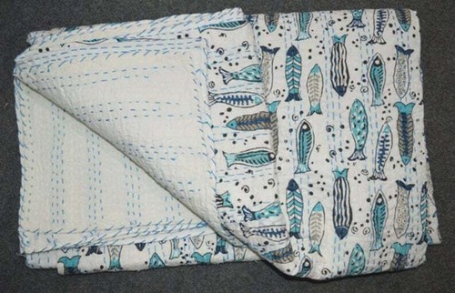 Reversible Floral Kantha Quilt Multicoloured Double Blanket Bohemian Bed Runner - Picture 5 of 6