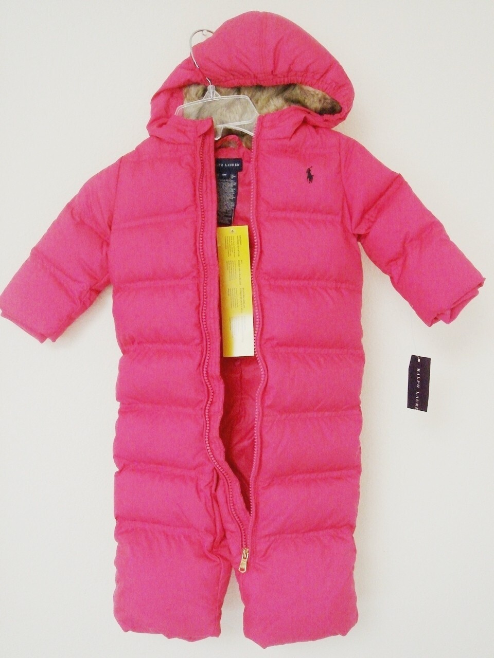 165 Ralph Lauren Quilted Down Snowsuit Bunting Hood baby Girl 9M