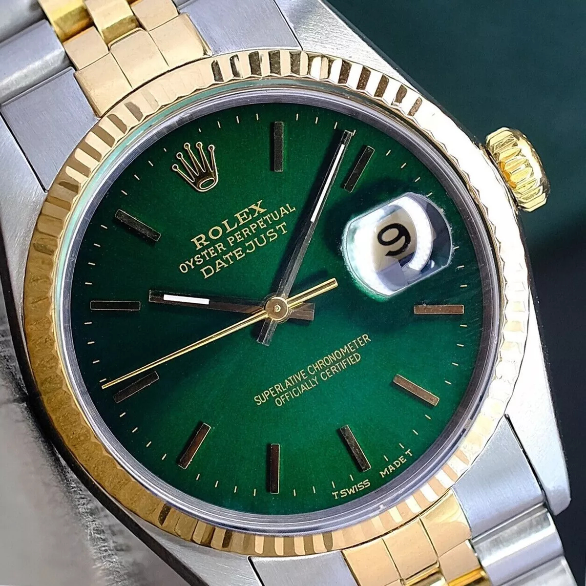 ROLEX MENS WATCH DATEJUST 18K GOLD STEEL GREEN DIAL FLUTED BEZEL