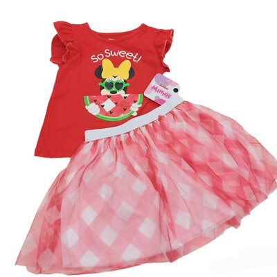 Disney Minnie Mouse Girls Red 2 Pc Tulle Skirt Set-2T Tutu Graphics Valentine's 