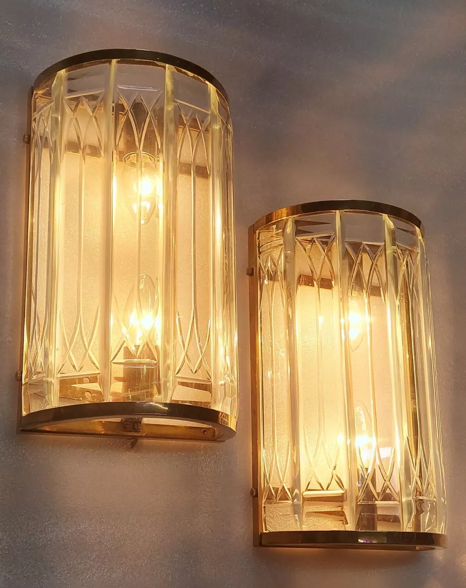 Pair Antique Vintage Art Nouveau Brass Glass Light Fixture Wall Sconces Lamp
