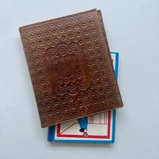 Tooled leather pocket book cover, Latvian USSR vintage, brown, floral, handcraft